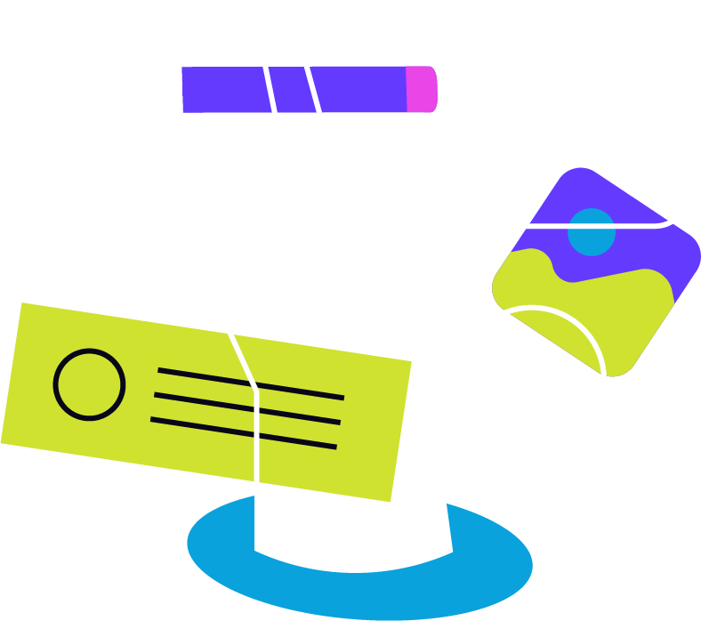 Line drawing of a hand holding a purple and pink pencil, a newspaper, a magnifying glass, and a colorful cloud-shaped object on a black background.