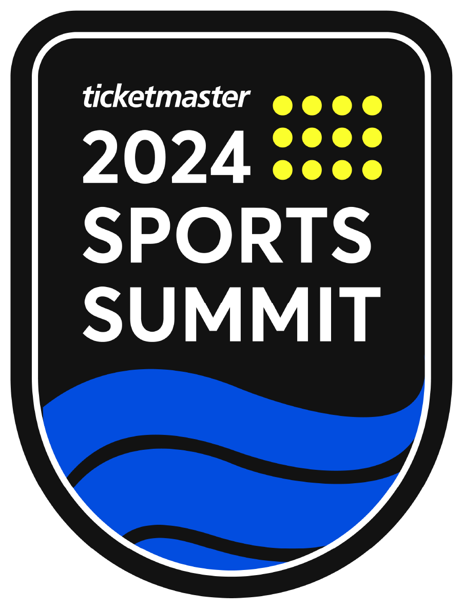 Logo for the 2024 Sports Summit, with the words 'ticketmaster 2024 Sports Summit' and a stylized blue wave design.