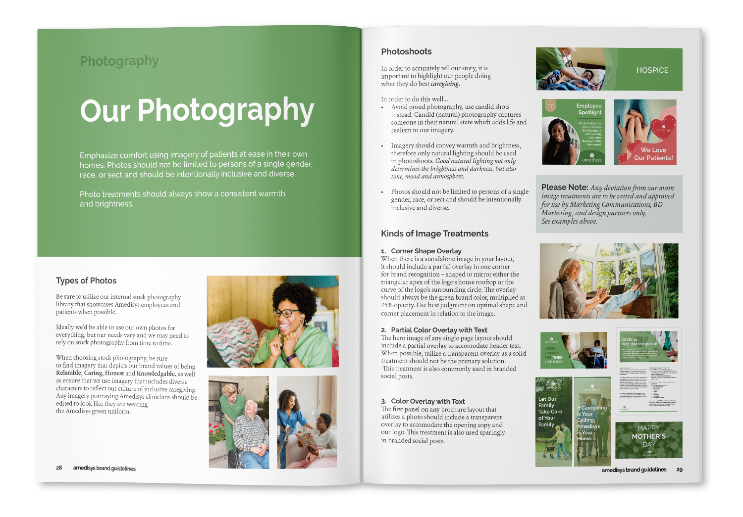 Open magazine spread about photography guidelines for caregiving with images of elderly patients, caregivers, and related social media posts