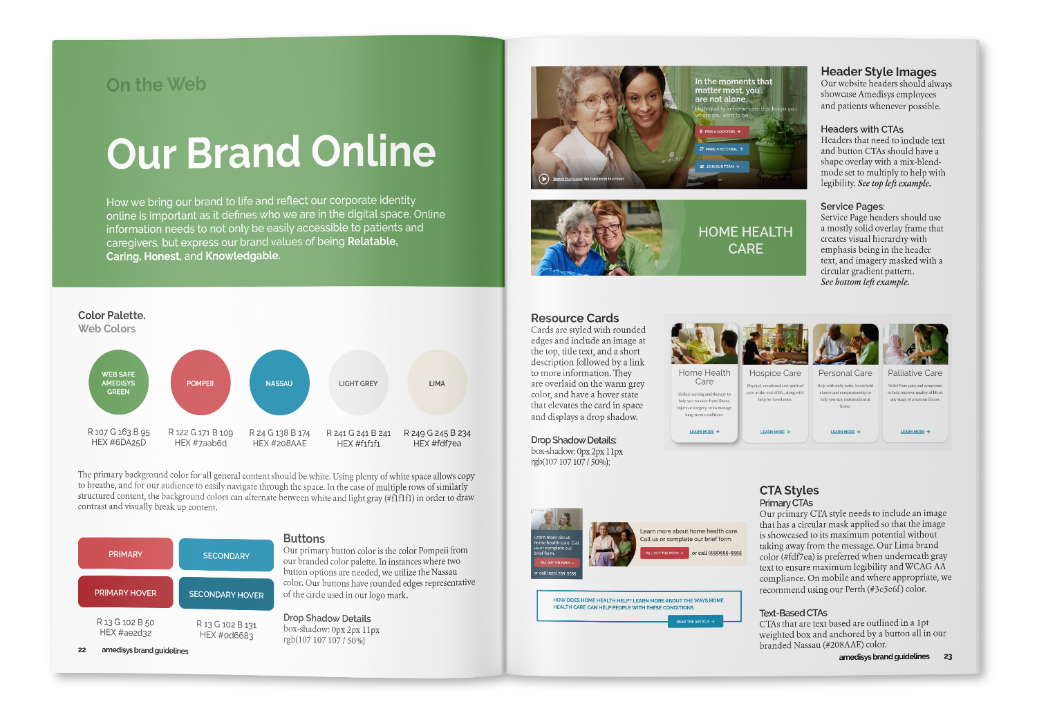 Open booklet showing branding and marketing guidelines, including sections on web content and style, with images of healthcare professionals and elderly individuals, color palettes, resource cards, CTA styles, and sample buttons.