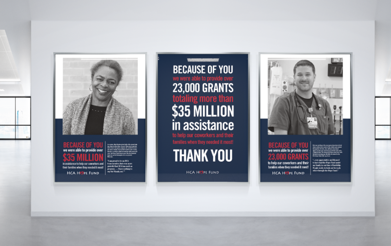 Three posters displayed on a white wall. The left and right posters feature black-and-white photos of two healthcare workers with text about donations, and the center poster has a dark background with white and red text thanking donors for over 23,000 grants totaling more than 35 million dollars in assistance.