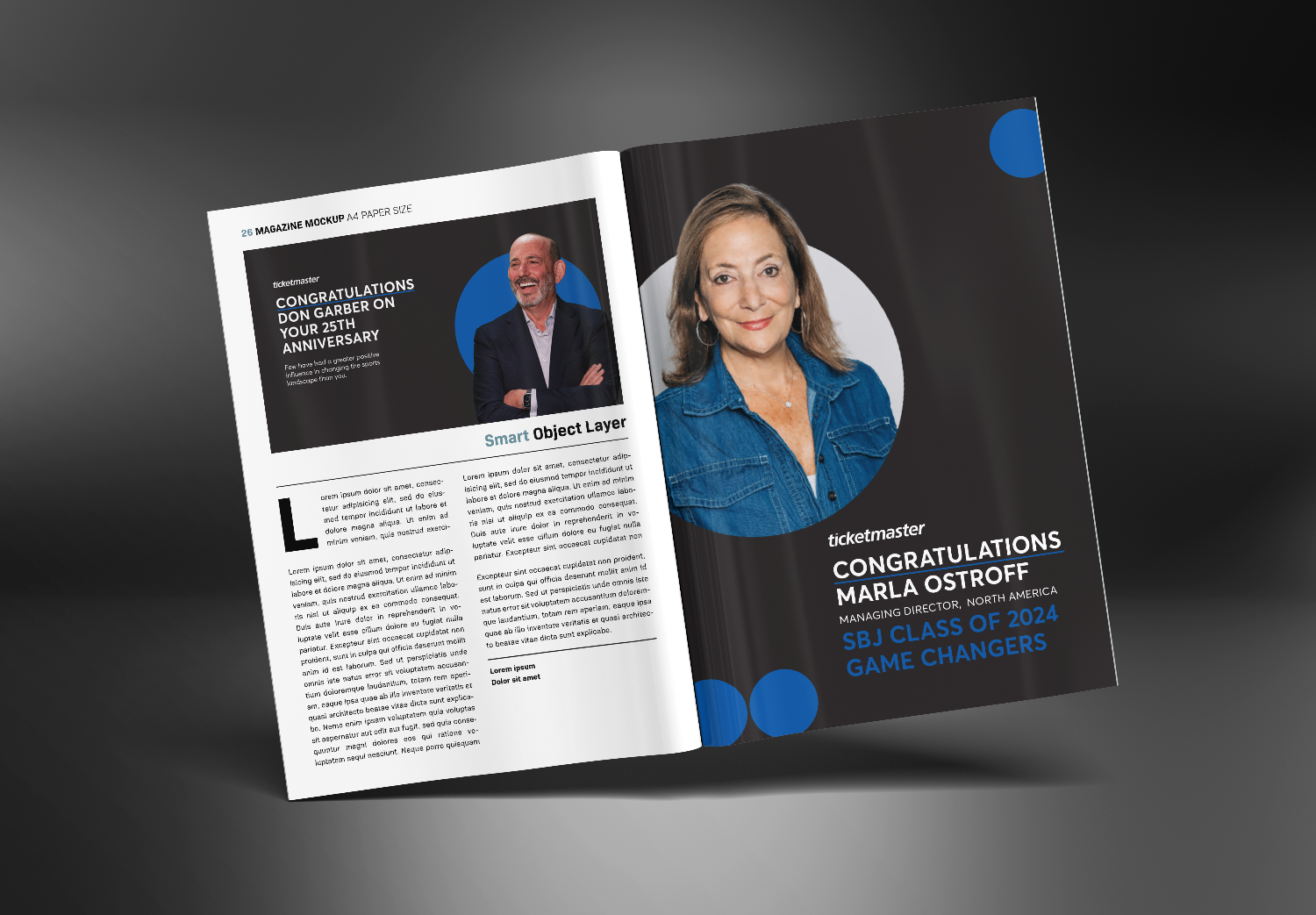 Open magazine with a two-page spread. The left page features a congratulatory message and a photo of a smiling man in a suit. The right page shows a portrait of a woman with brown hair wearing a denim shirt, with event details and text on both pages.