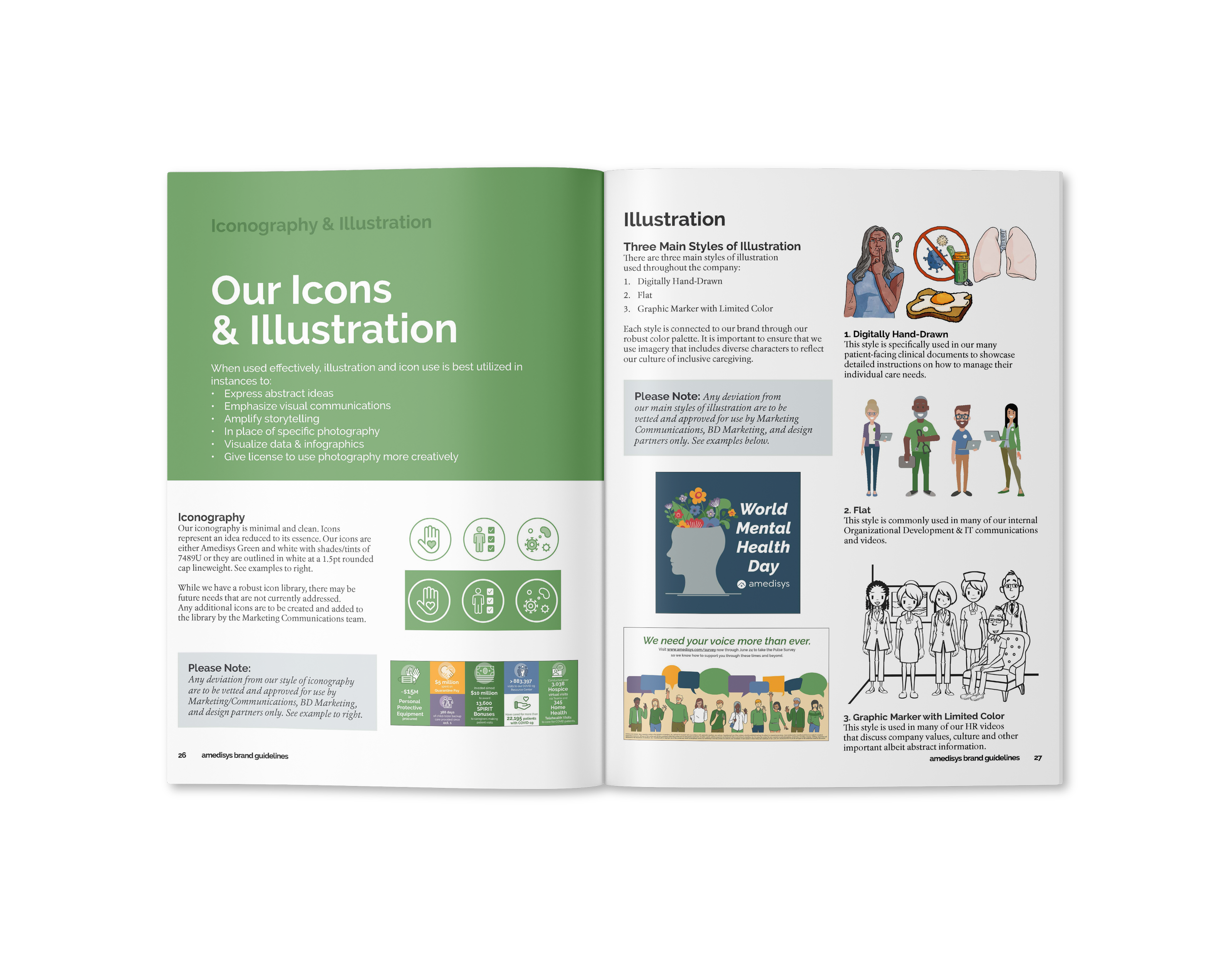 Open brand guidelines book showing two pages about icons and illustration styles, with text, images, and diagrams.