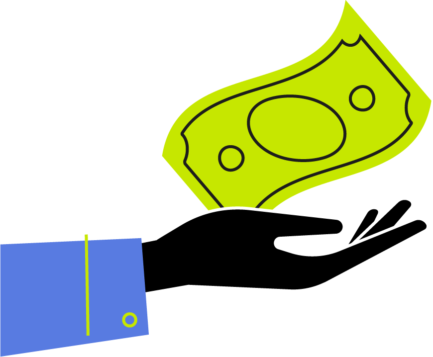 A black outline of a human hand with a blue sleeve, holding a large green dollar bill with a black outline against a black background, with small white plus signs.