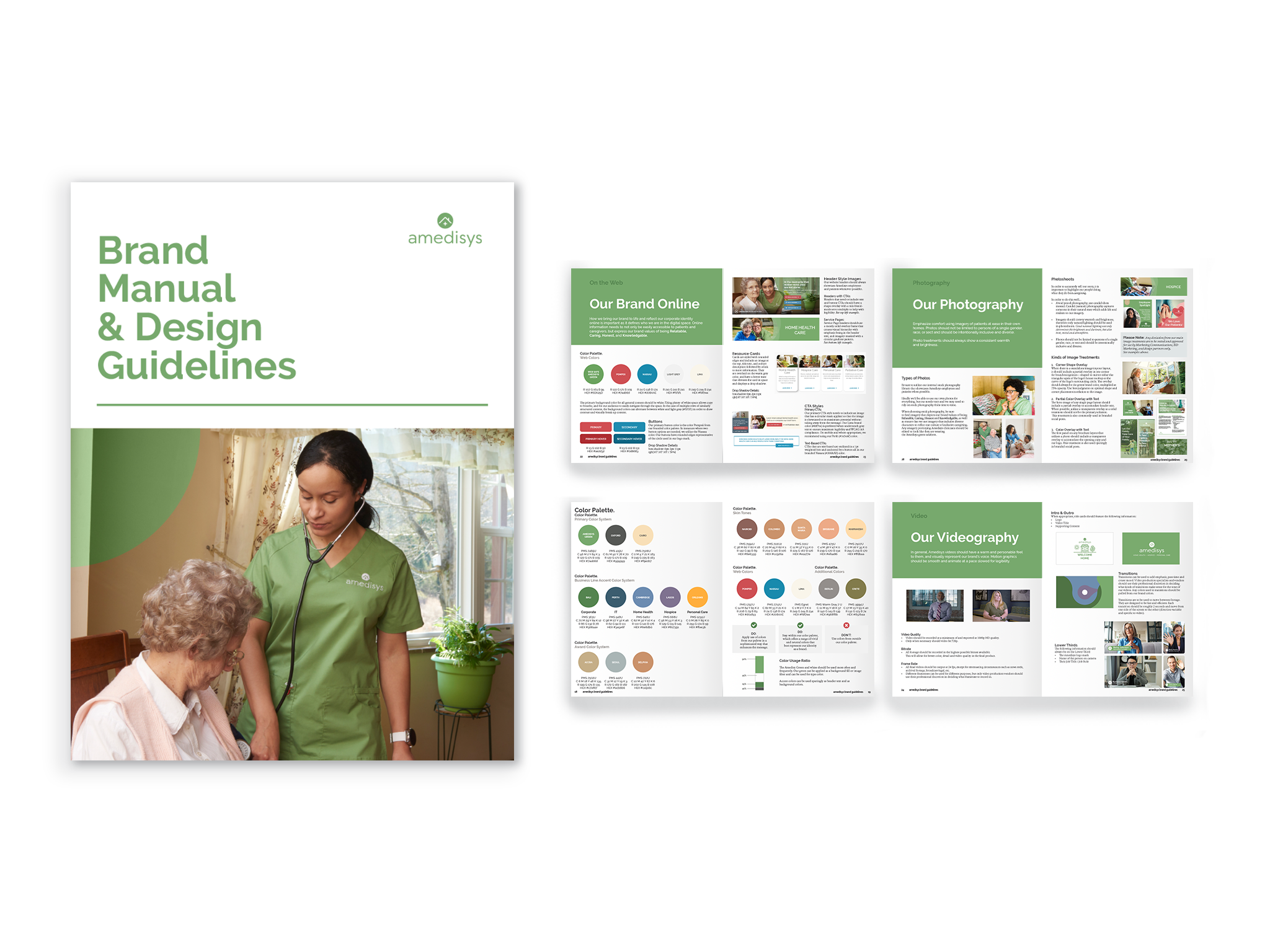 Open booklet titled 'Brand Manual & Design Guidelines' with a cover image of a healthcare worker in green scrubs taking care of an elderly patient, inside pages showing sections on brand online, photography, videography, and color palette.