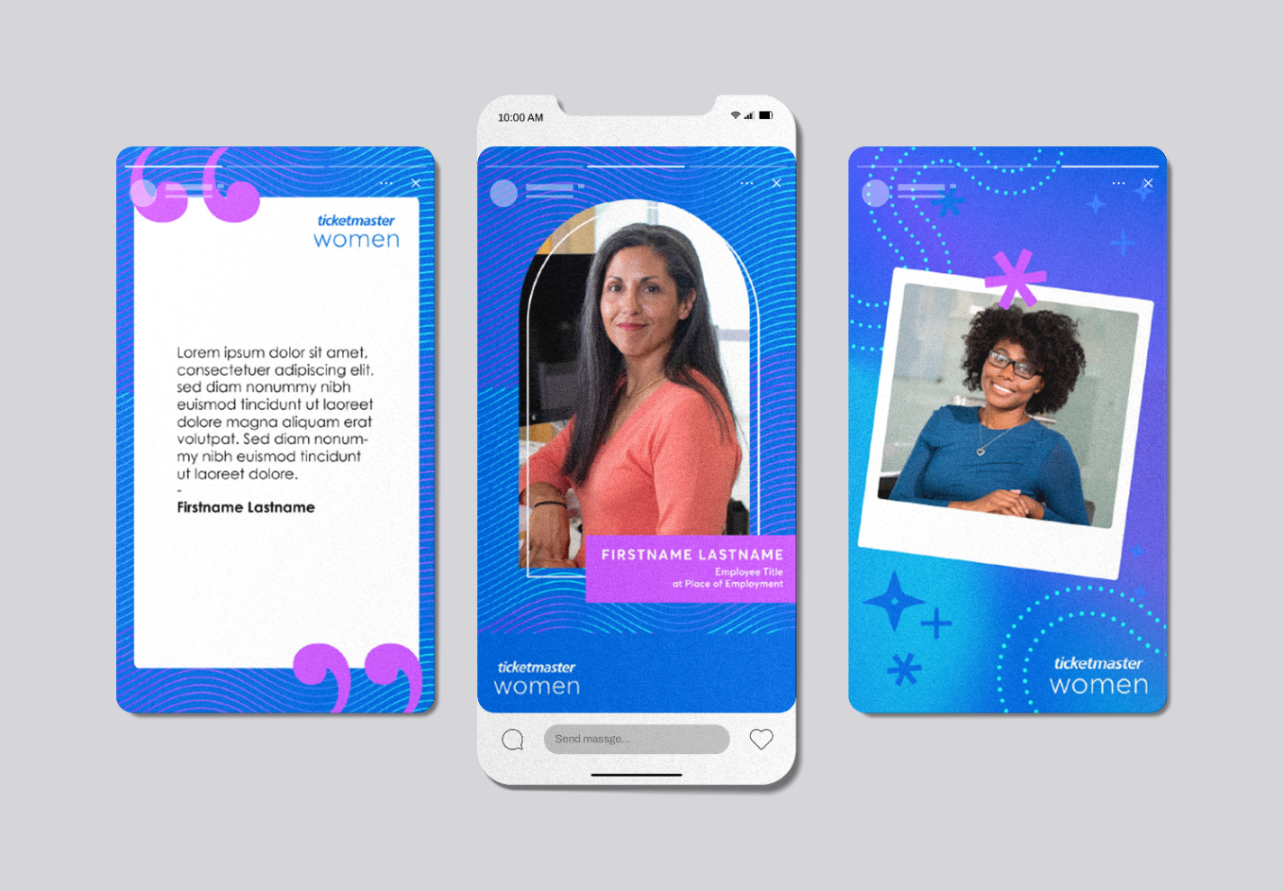 Three digital screens featuring Women Ticketmaster designs. The first screen has placeholder text with purple quotation marks at the corners. The second screen displays a woman with long dark hair in an orange top, with a purple label showing her name and role. The third screen features a smiling woman with curly hair and glasses, with a Polaroid-style photo overlay and decorative blue background elements.