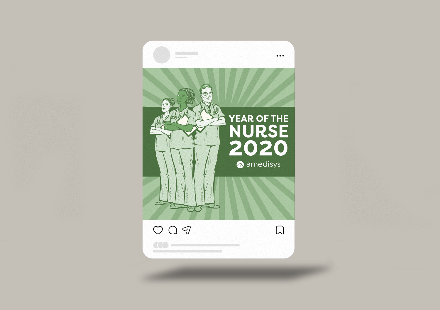 Graphic celebrating the Year of the Nurse 2020 with an illustration of four diverse nurses standing confidently with arms crossed, against a green radiant background, promoting amedisys campaign.