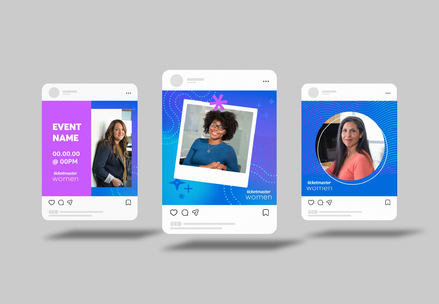 Three social media event promotion posts for women's events, featuring photos of women and colorful backgrounds.