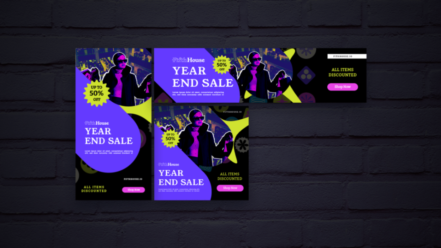 Digital graphic advertisements for a year-end sale, featuring bold colors, a silhouette of a woman in sunglasses, and texts such as 'Up to 50% Off', 'All Items Discounted', and 'Shop Now'.