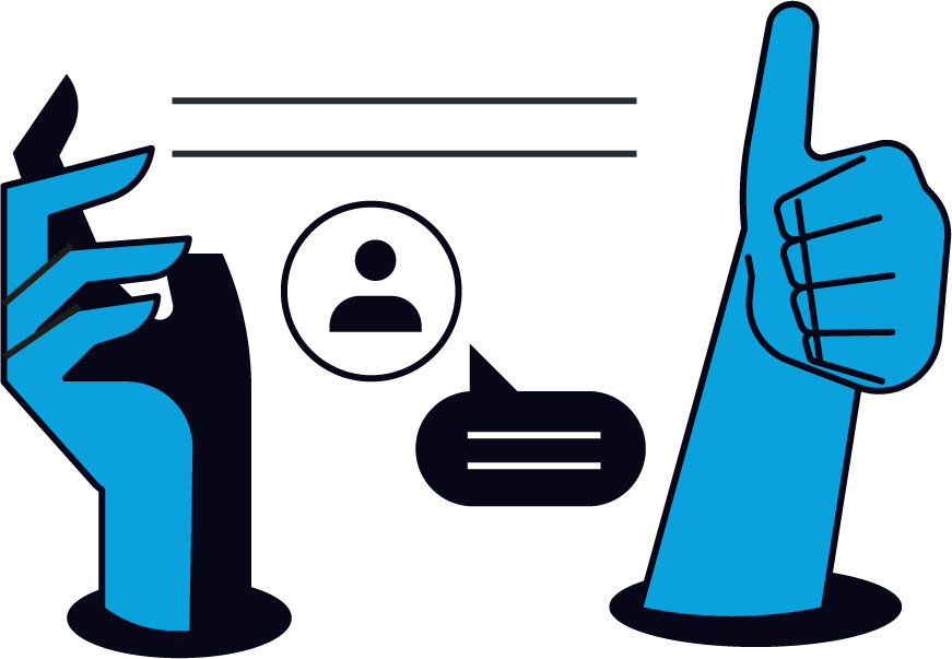 Two blue hands holding a speech bubble with text and user icons, one hand giving a thumbs up.