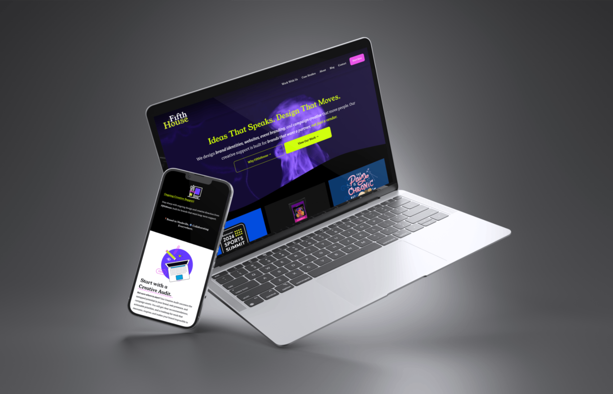 Laptop and smartphone displaying a creative agency's website with colorful graphics and text, set against a gray background.