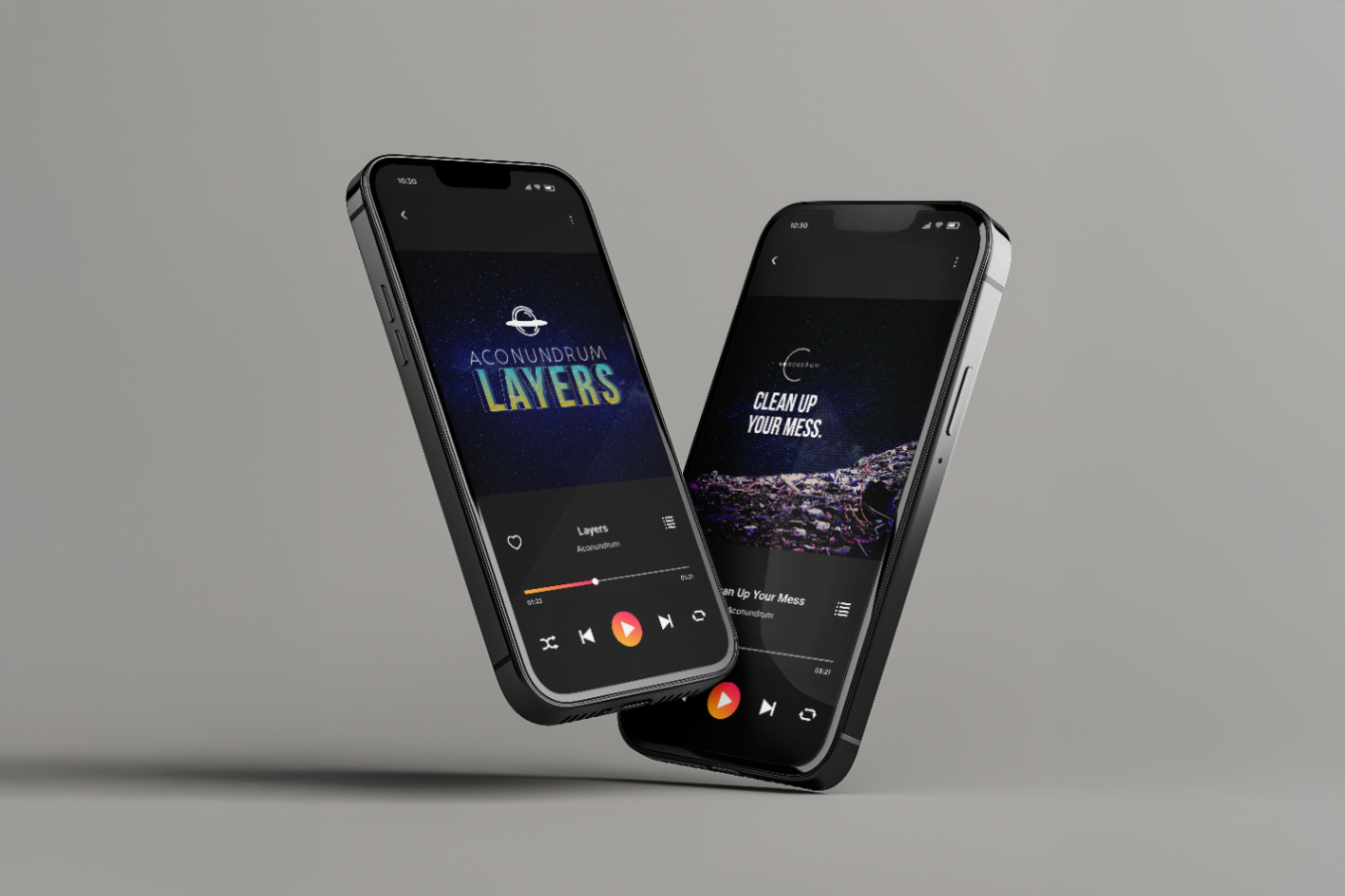 Two smartphones side by side, each displaying a music player app with album art and song info. The left phone shows the album cover for "Layers" by Aconundrum, and the right phone shows the song title "Clean Up Your Mess."