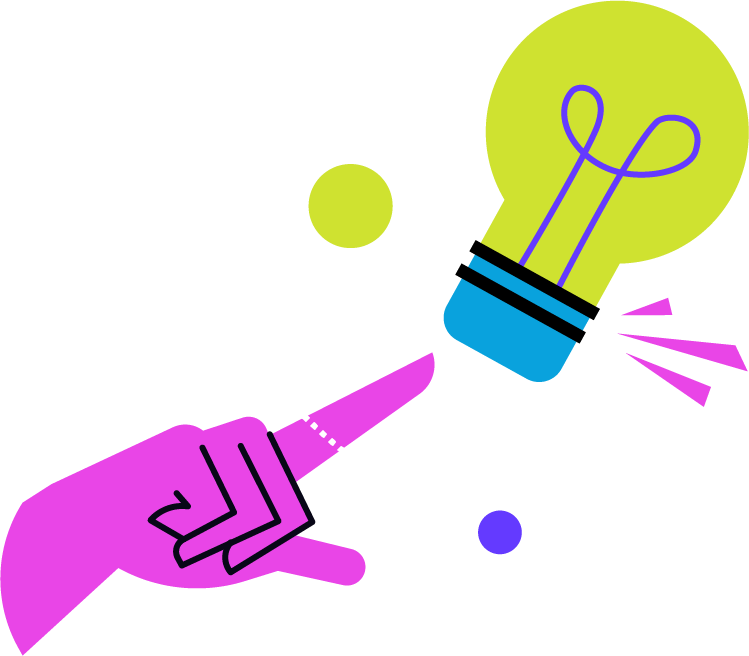 Stylized illustration of a purple hand pointing with a finger at a yellow light bulb, with orbiting dots around the bulb and a small yellow circle connected to it, representing ideas and innovation.