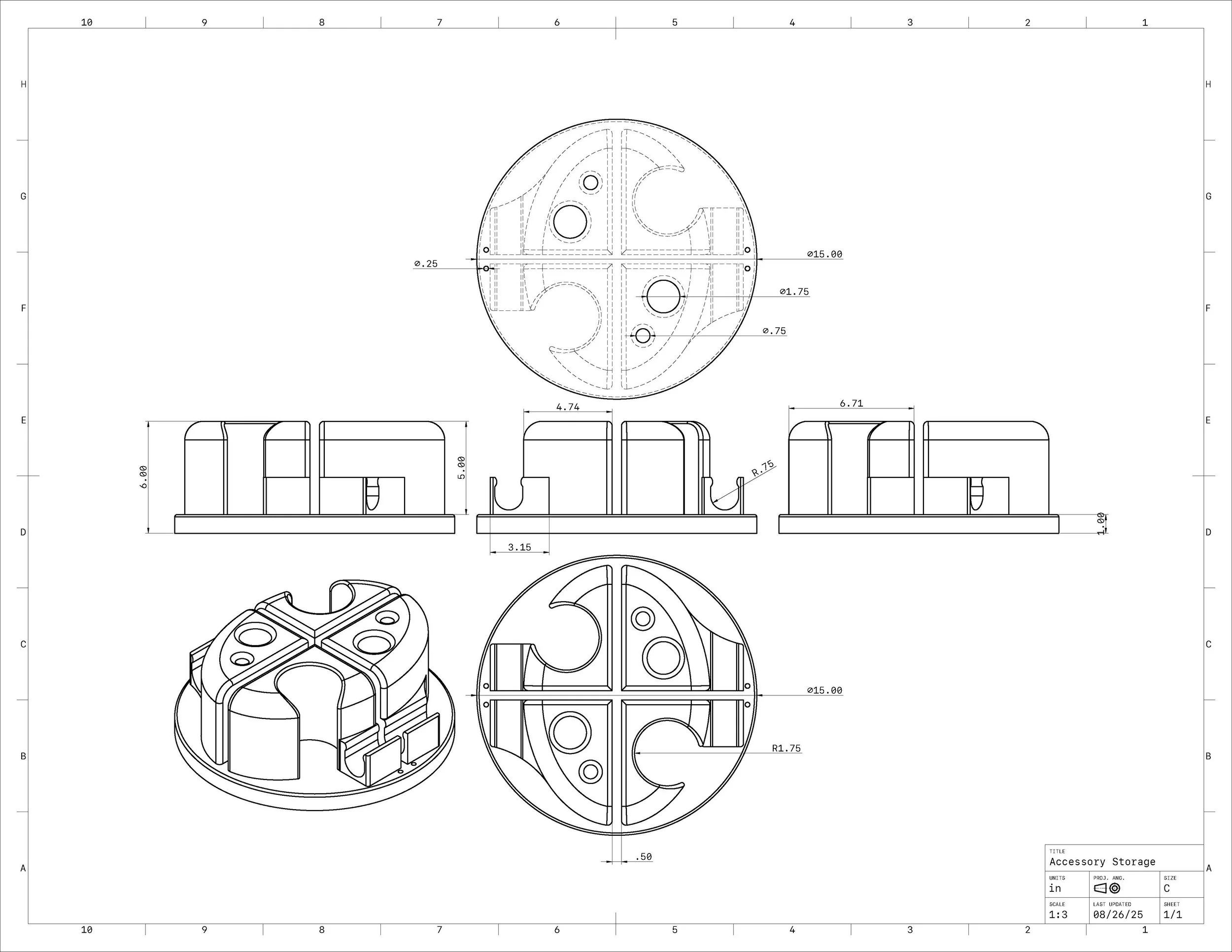 Technical drawing of an accessory storage device with top, side, and perspective views, including dimensions and measurements.