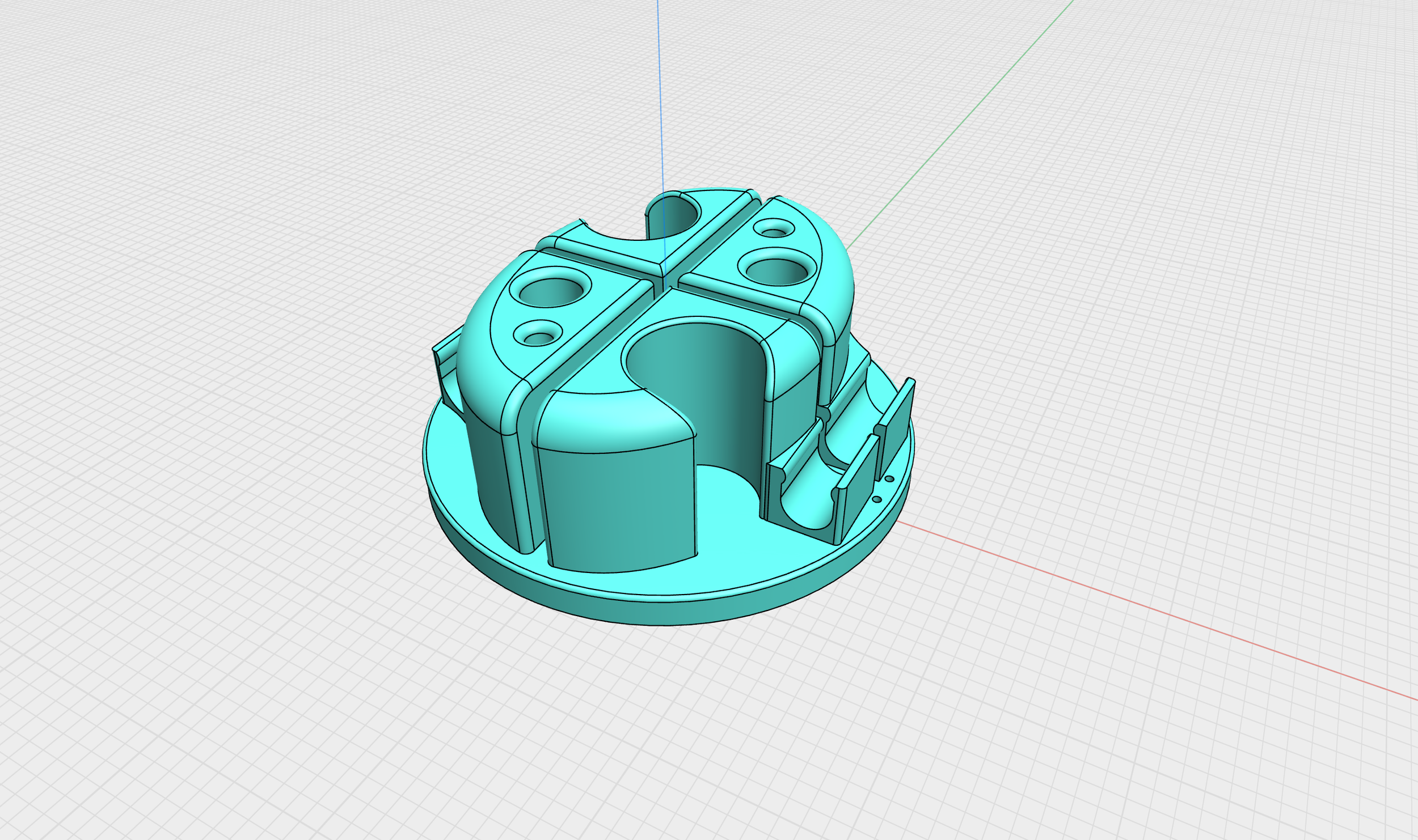 3D CAD model of a mechanical part with multiple circular holes and structural features, viewed at an angle on a grid background.