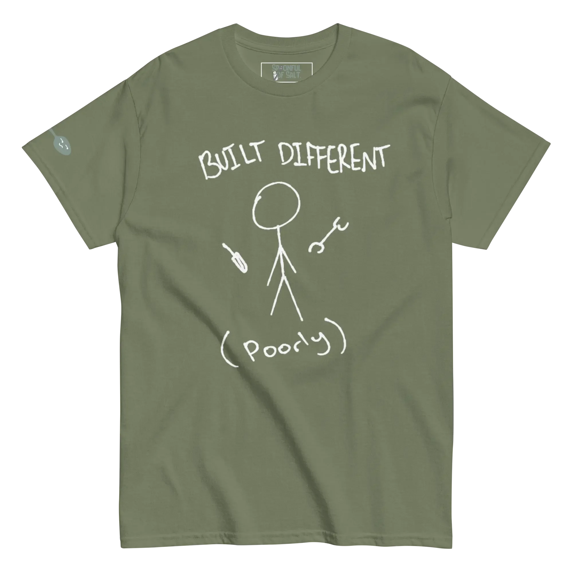 unisex-classic-tee-military-green-front-built-different.webp