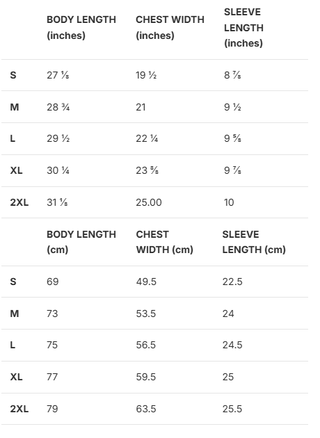 Imperial (inches) and Metric (centre metres) sizing charts for shirt sizes including body length, chest width and sleeve length. For size S, M, L, XL, 2XL