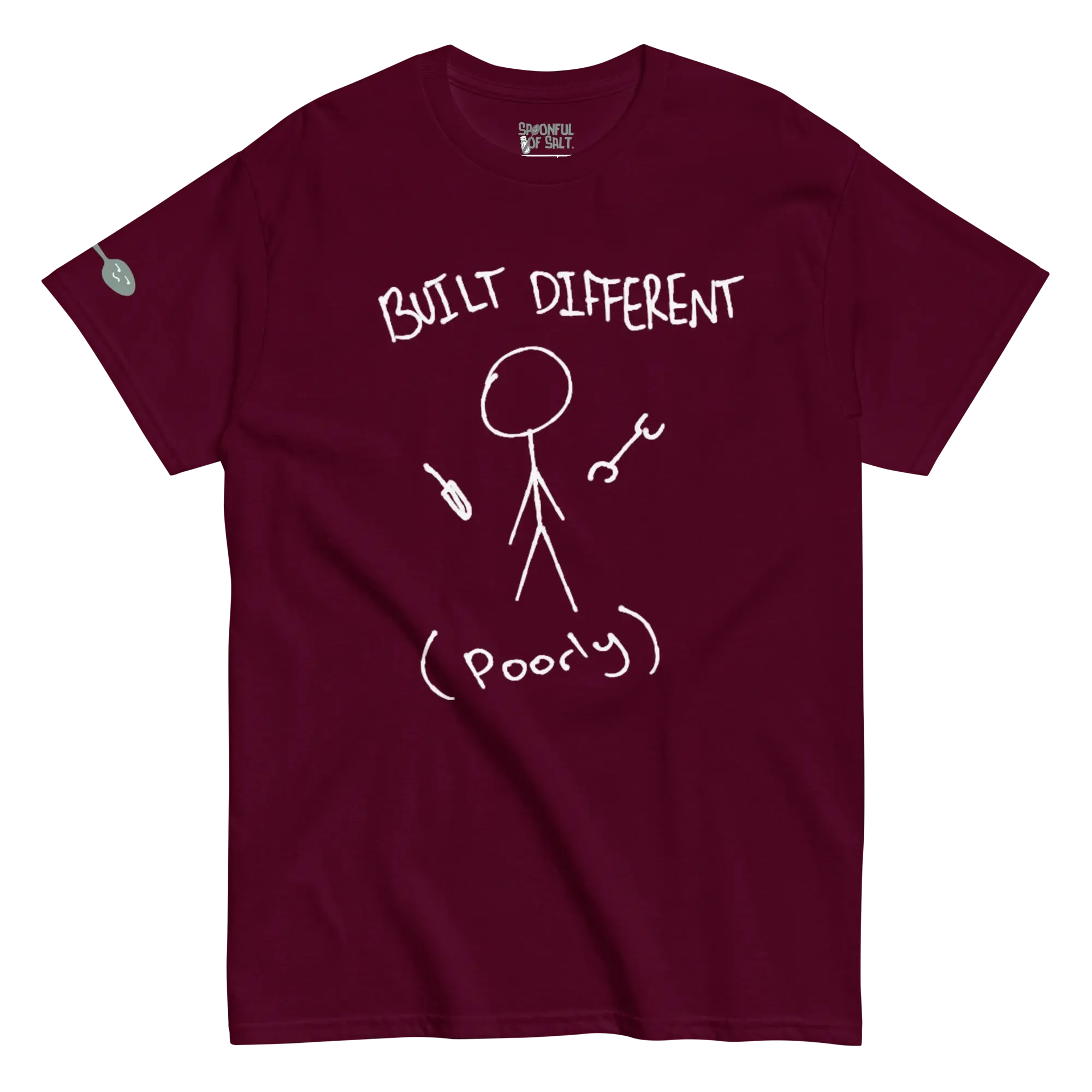 unisex-classic-tee-maroon-front-built-different.webp