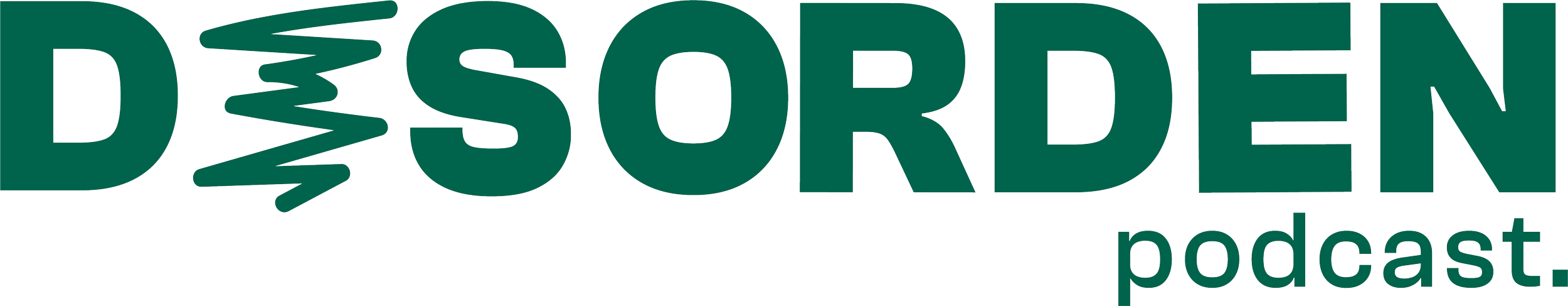 Logotipo del podcast 'Dosis Orden' que muestra letras verdes con un diseño de onda en la 'D' y la palabra 'podcast' debajo.