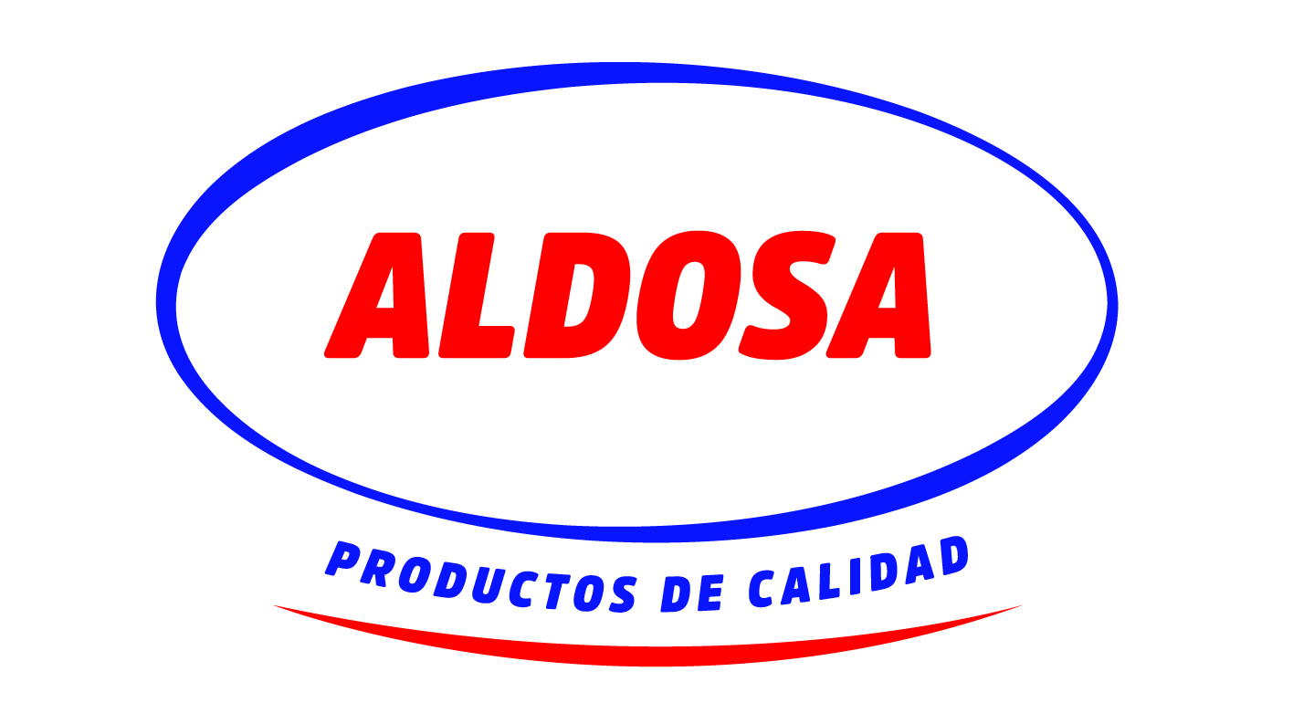 Logo ovalado con borde azul y en el centro, la palabra "ALDOSA" en letras rojas en negrita. Debajo, en arco, la frase "PRODUCTOS DE CALIDAD" en letras azules. En la parte inferior, una línea curva de color rojo.
