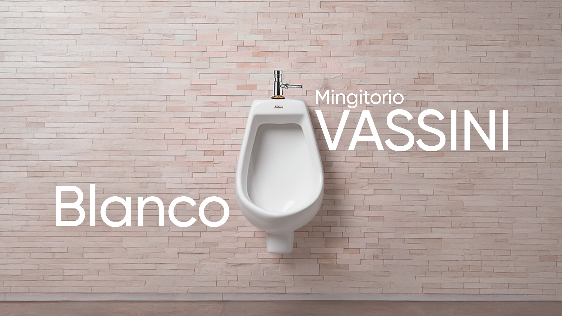 Inodoro blanco en una pared de ladrillos rosados con texto que dice "Inmaterial VASSINI Blanco".