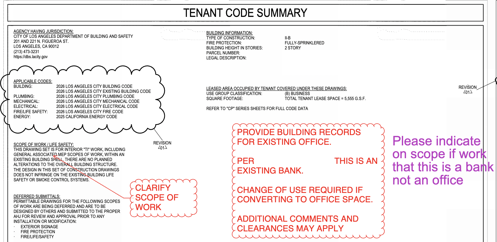 Screenshot of a plan check correction questioning the proposed use of the tenant space.