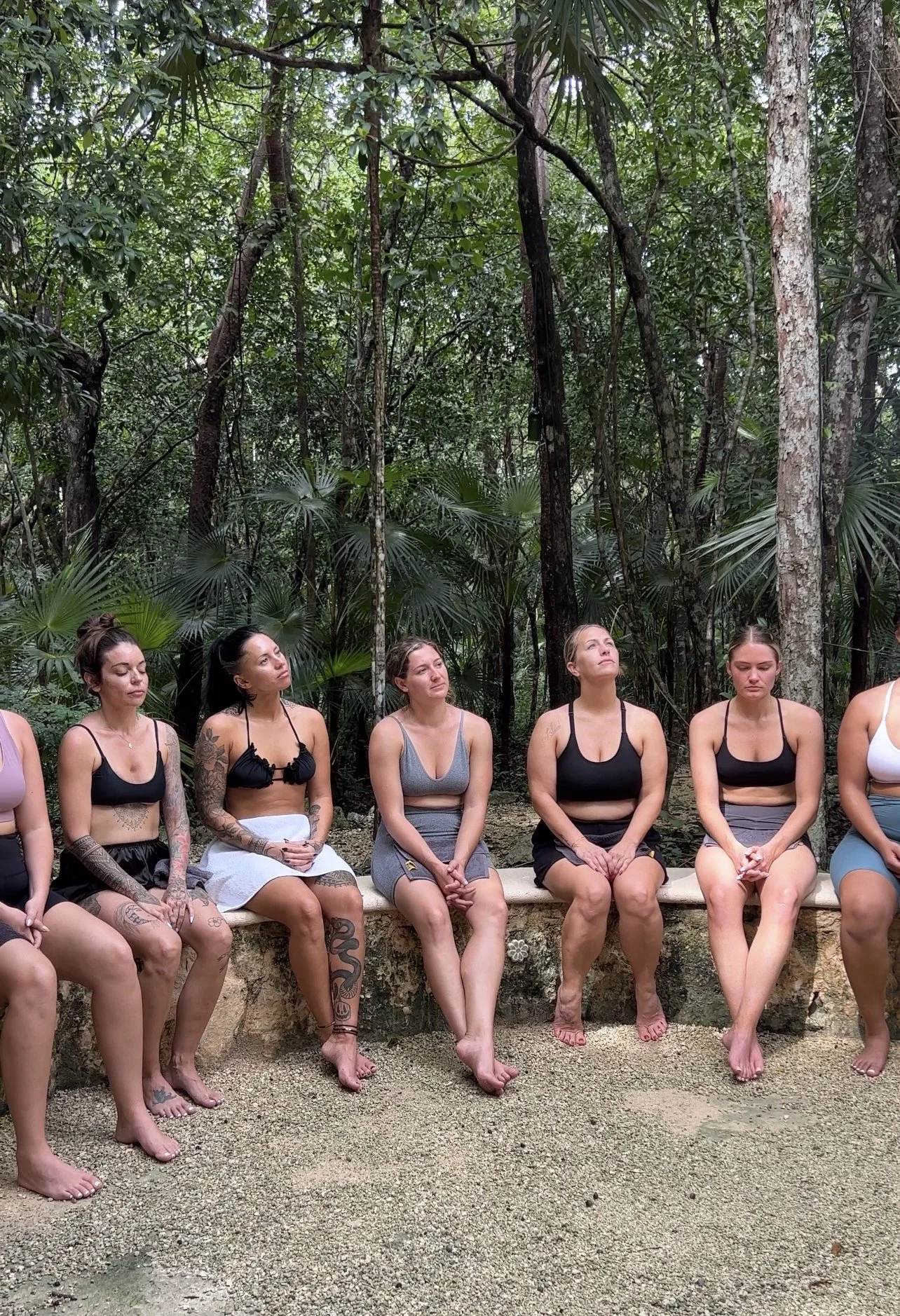 Modern wooden building with large glass window in lush green landscape with mountains in the background.