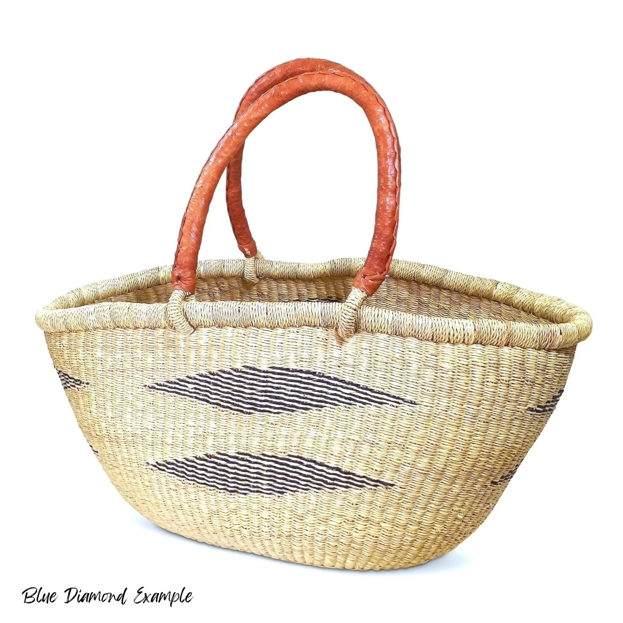 Woven straw handbag with leather handles and black diamond pattern