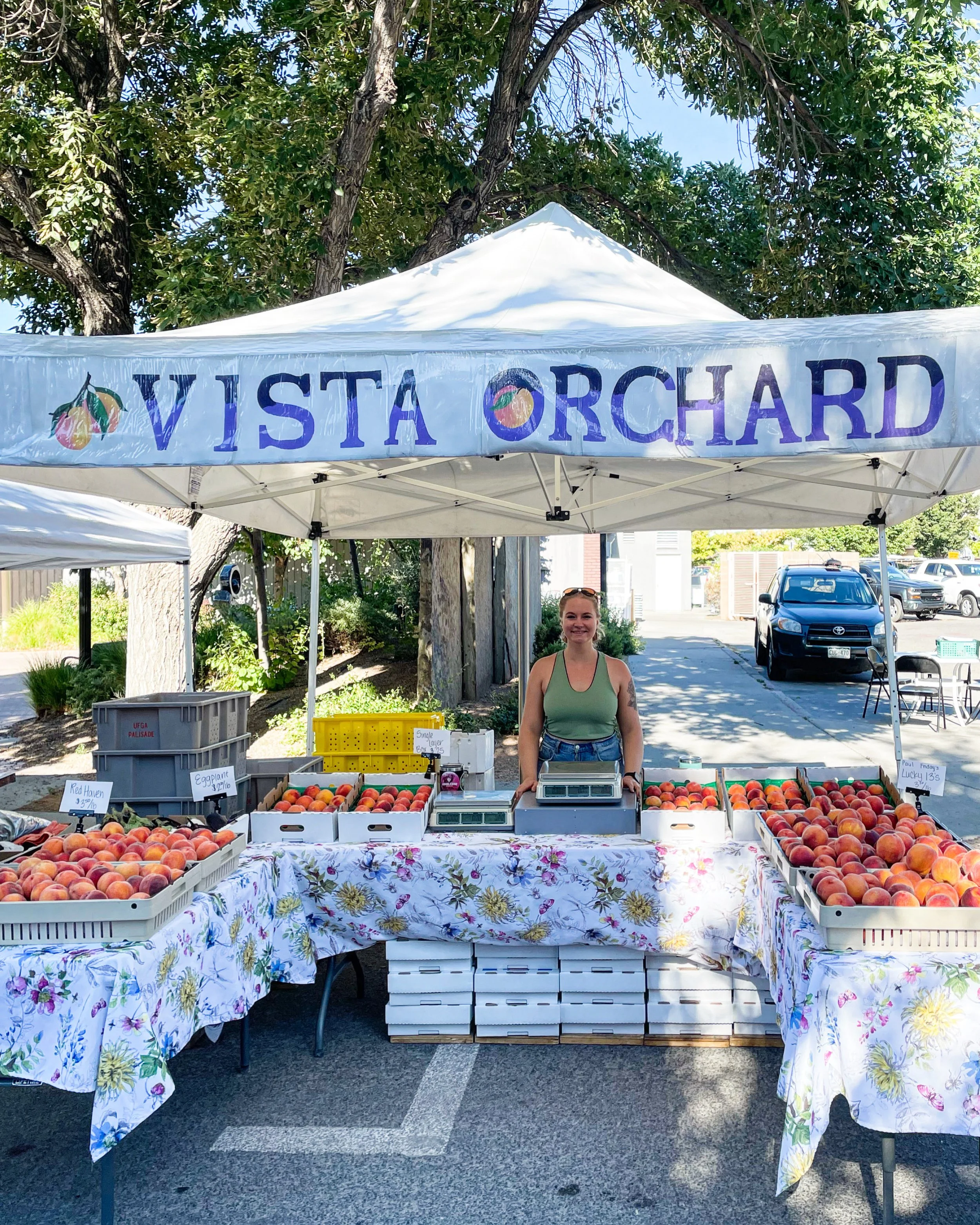 A woman standing at a fruit stand called 'Vista Orchard,' selling peaches and other produce. The stand has baskets of peaches labeled with different varieties, and the setup is under an outdoor tent with trees and parked cars in the background.