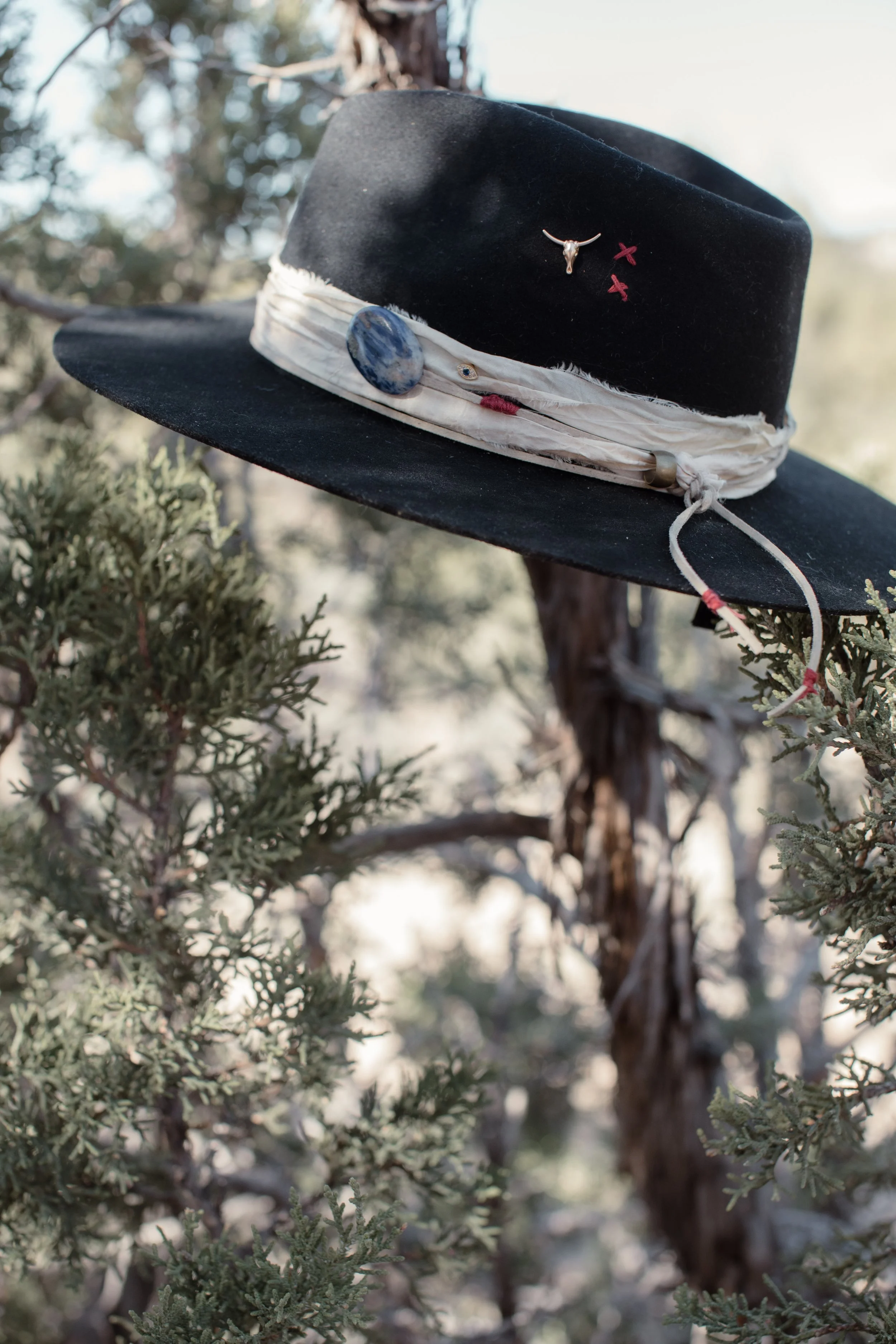 A black cowboy hat with a white band, decorated with small details including a blue stone, a tiny charm, and embroidered red marks, hanging on a tree branch outdoors.