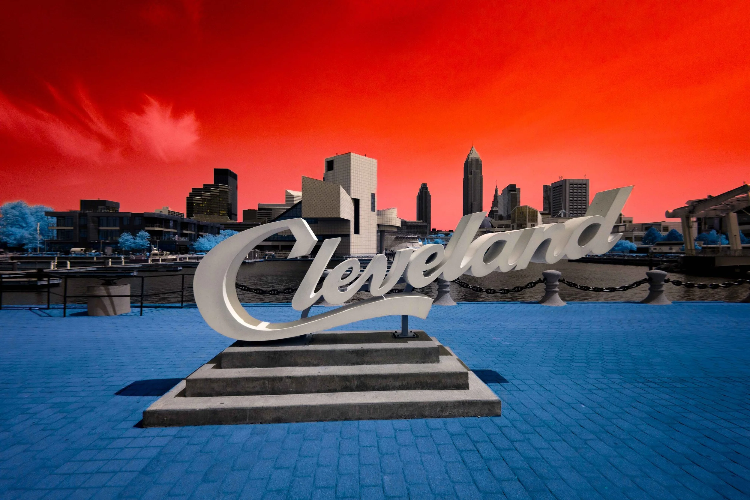 Infrared - Cleveland Sign Red Sky Blue Ground.jpg