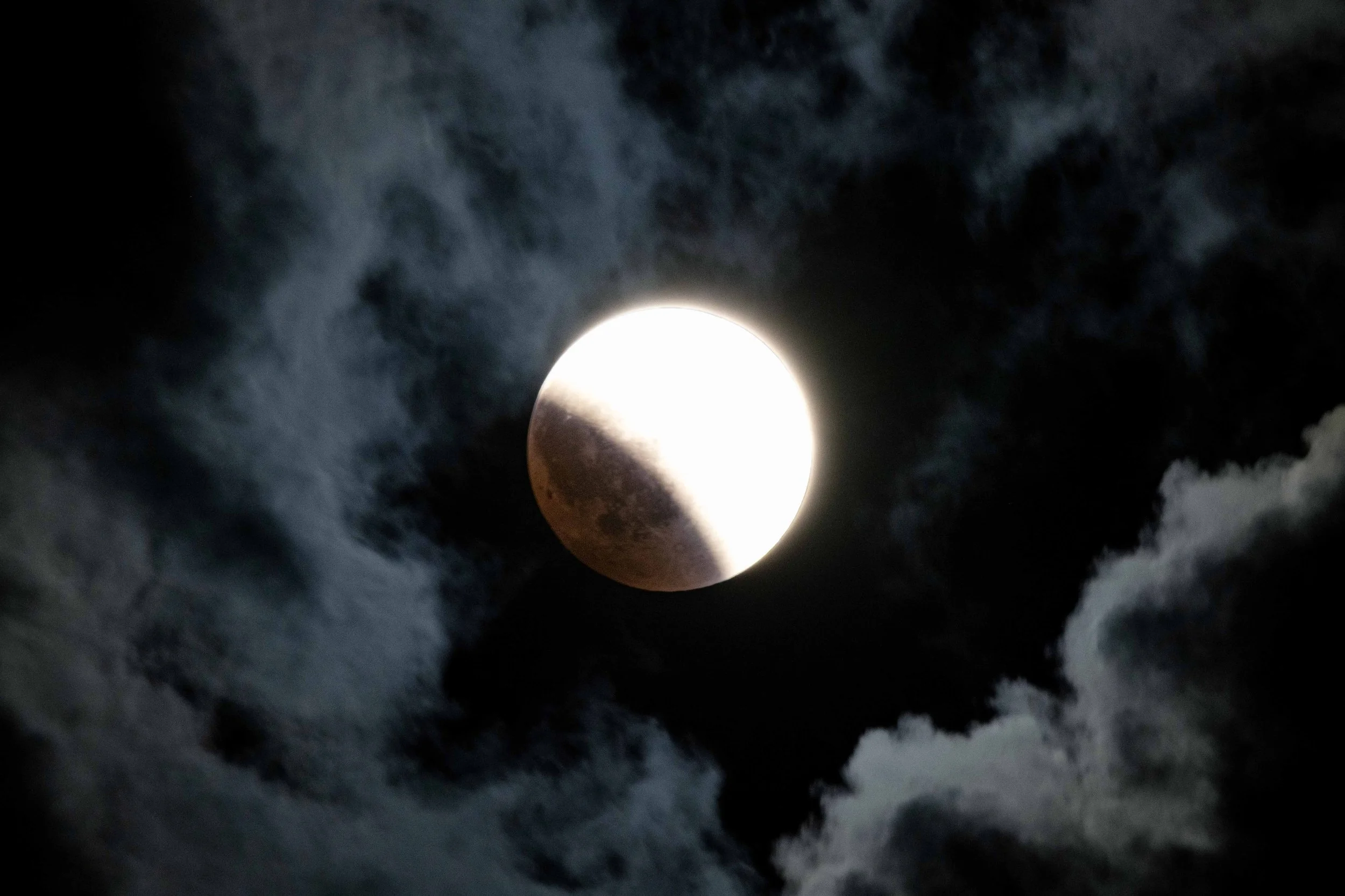Deep Partial Lunar Eclipse 8/27/26 - Large Bright Moon Blue Clouds