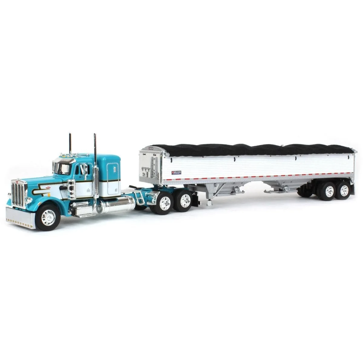 Model of a semi-truck with a blue cab and a black trailer on a white background.