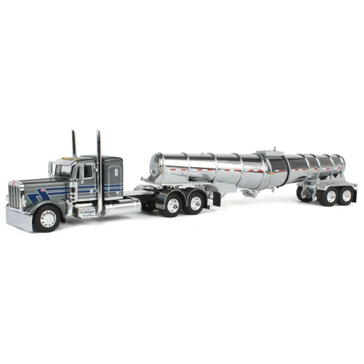 A detailed model of a semi-truck with a cylindrical tanker trailer, made of shiny metallic material, on a white background.