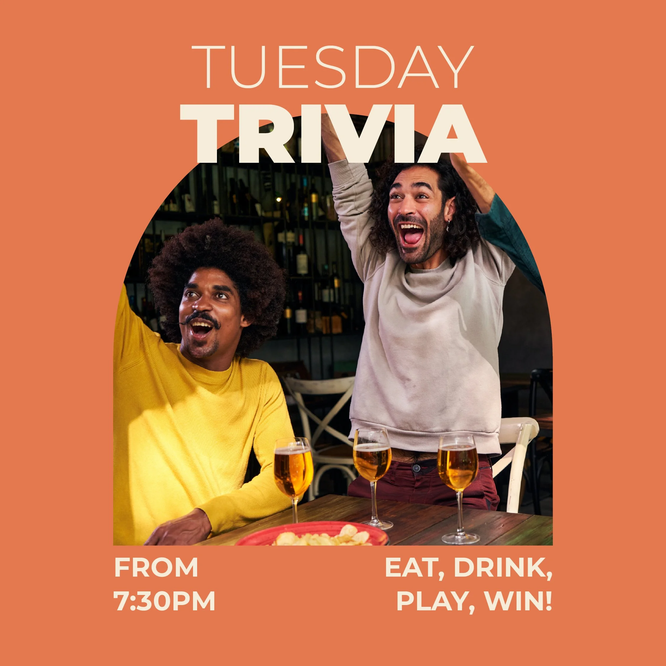 A colorful graphic promoting trivia Tuesdays with large gold glittery question marks and bold text.