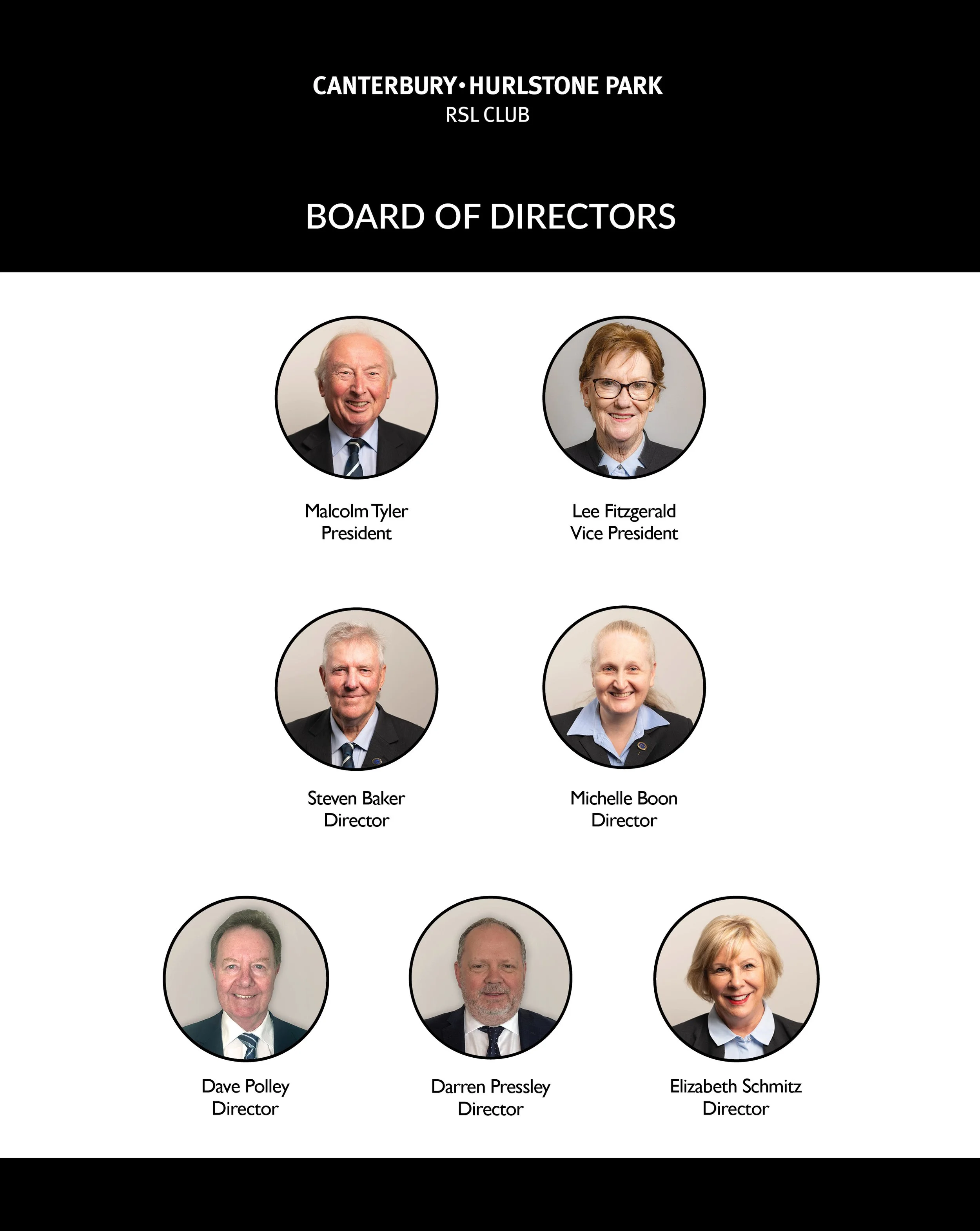 Official photograph of the Canterbury Hurlstone Park Royal Society of London Club Board of Directors, featuring seven individuals with their names and titles listed below their portraits. The header reads 'CANTERBURY • HURSTONE PARK RSL CLUB BOARD OF DIRECTORS.'