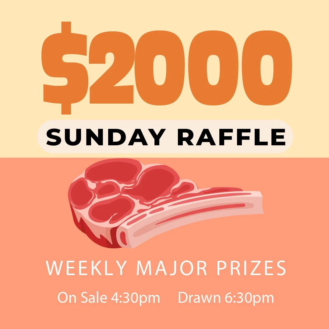 Poster advertising a $1500 meat raffle with an illustration of a meat cut and details about the event on Sundays, with sales starting at 4 pm and the drawing at 5 pm.