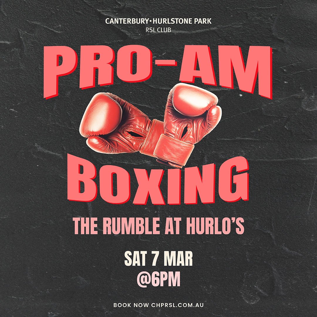 Black poster advertising a boxing event, featuring red boxing gloves and bold pink and white text with details about the event taking place at Hurlstone Park on Saturday, March 7th at 6 PM.