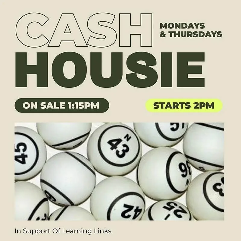 Event flyer for a cash prize house raffle on Mondays and Thursdays, with sale starting at 1:15 PM and the event starting at 2 PM, featuring an image of numbered bingo balls.