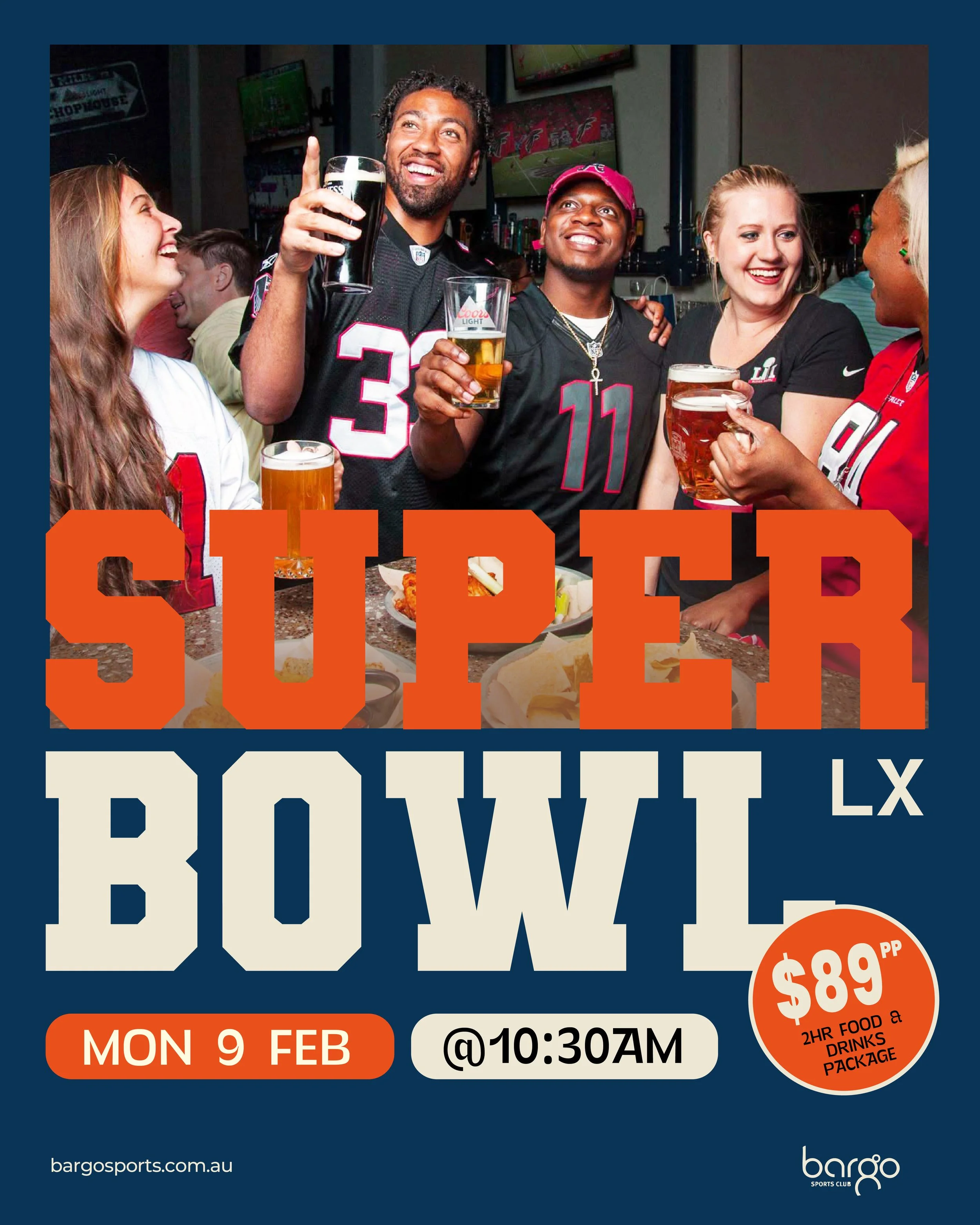 Group of diverse friends at a sports bar, wearing football jerseys, holding drinks, and smiling, celebrating during a game.