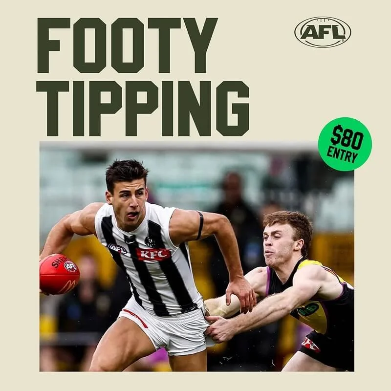 Promotional poster for AFL footy tipping contest featuring a photo of football players in action, with text indicating entry fee of $80.