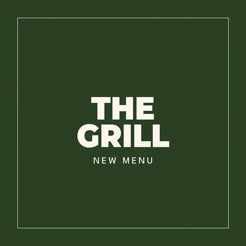 A green menu cover with the words "The Grill" and "New Menu" in white text.