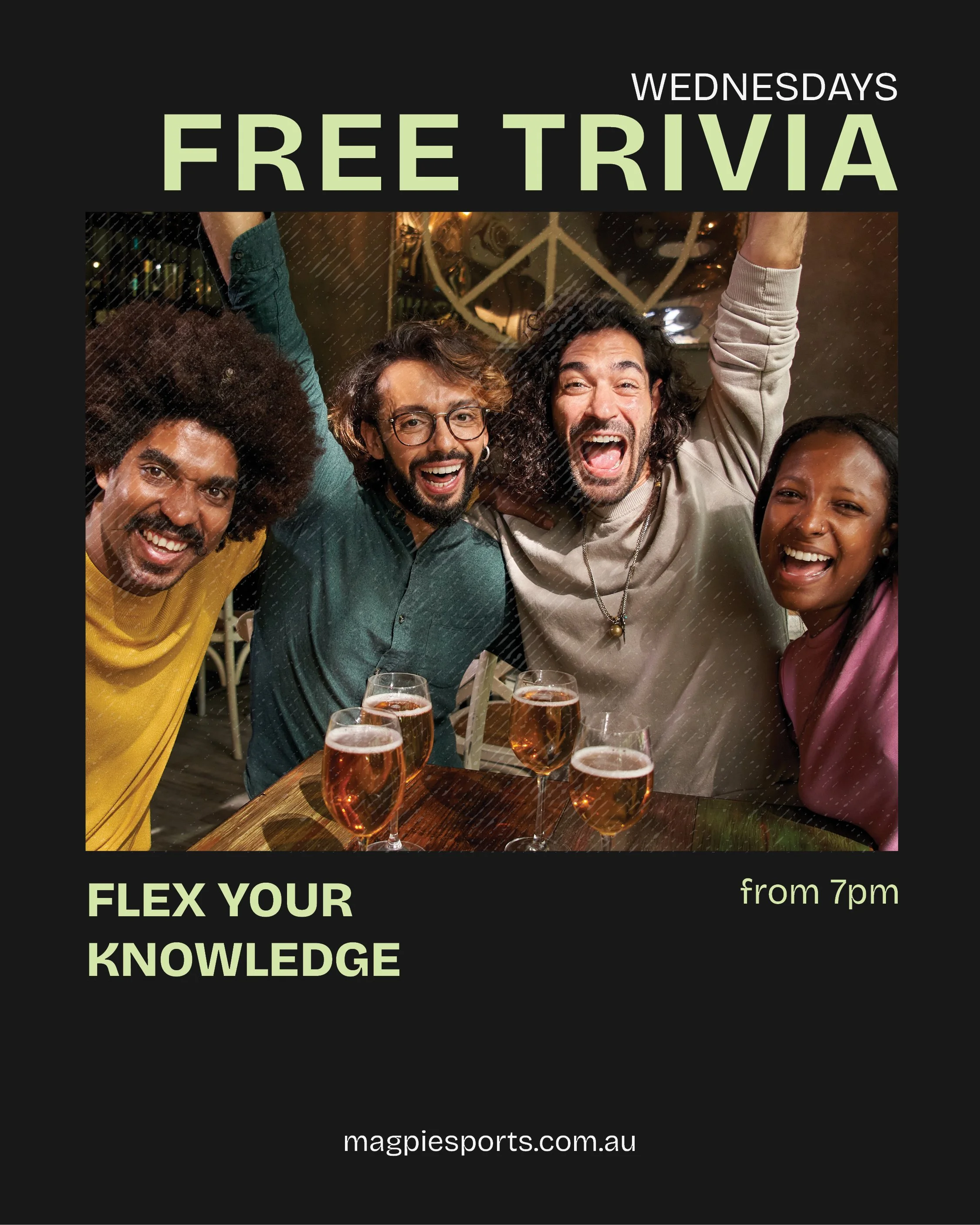 A promotional poster for a free Wednesday trivia event at Magpie Sports, starting from 7 pm, featuring a group of diverse, joyful friends raising glasses of rosé wine in celebration.