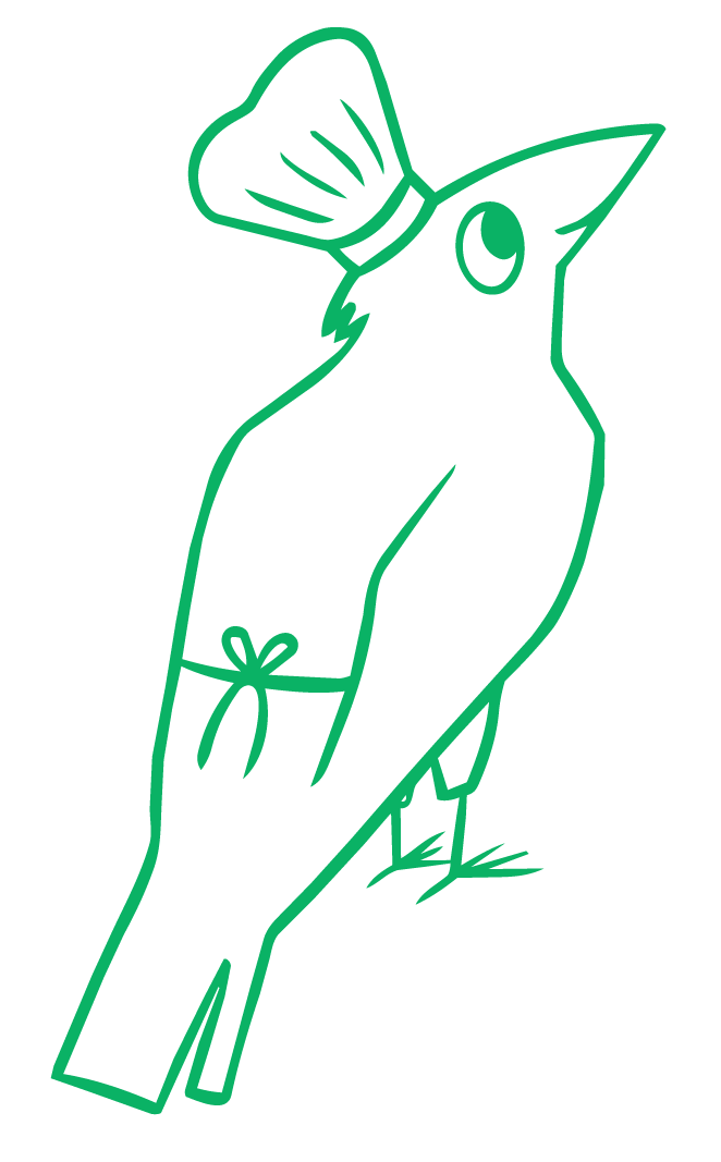 A line drawing of a rooster with a chef's hat and a cocktail dress, set against a black background.
