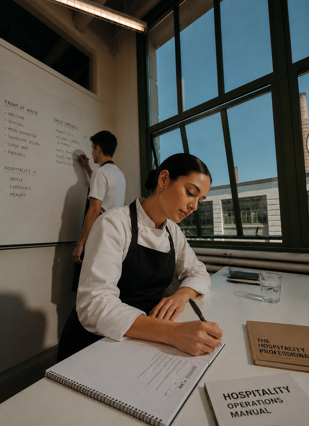 A woman wearing a chef's uniform and apron writing in a notebook at a white table in a restaurant or hospitality setting. A man in a white shirt stands near a whiteboard with menu items written on it. Large windows show a cityscape in the background.