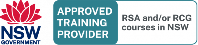 NSW Government logo with a red lotus flower, alongside text indicating approved training provider for RSA and RCG courses in New South Wales.