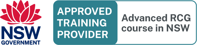 Logo of NSW Government with a red lotus flower and text 'Approved Training Provider' and 'Advanced RCG course in NSW'
