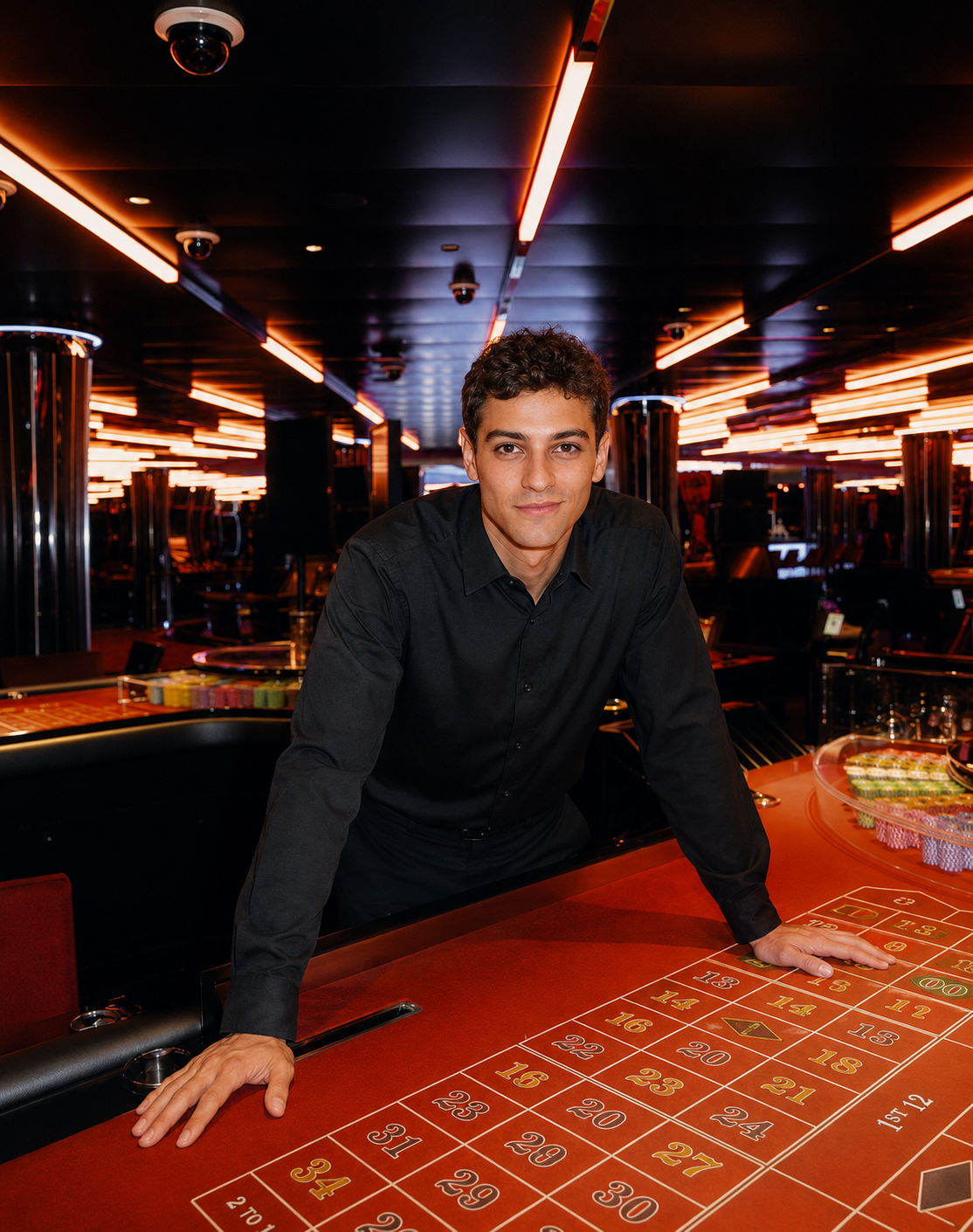 A young man in a black shirt leaning on a roulette table inside a casino with neon lights and gaming equipment in the background.