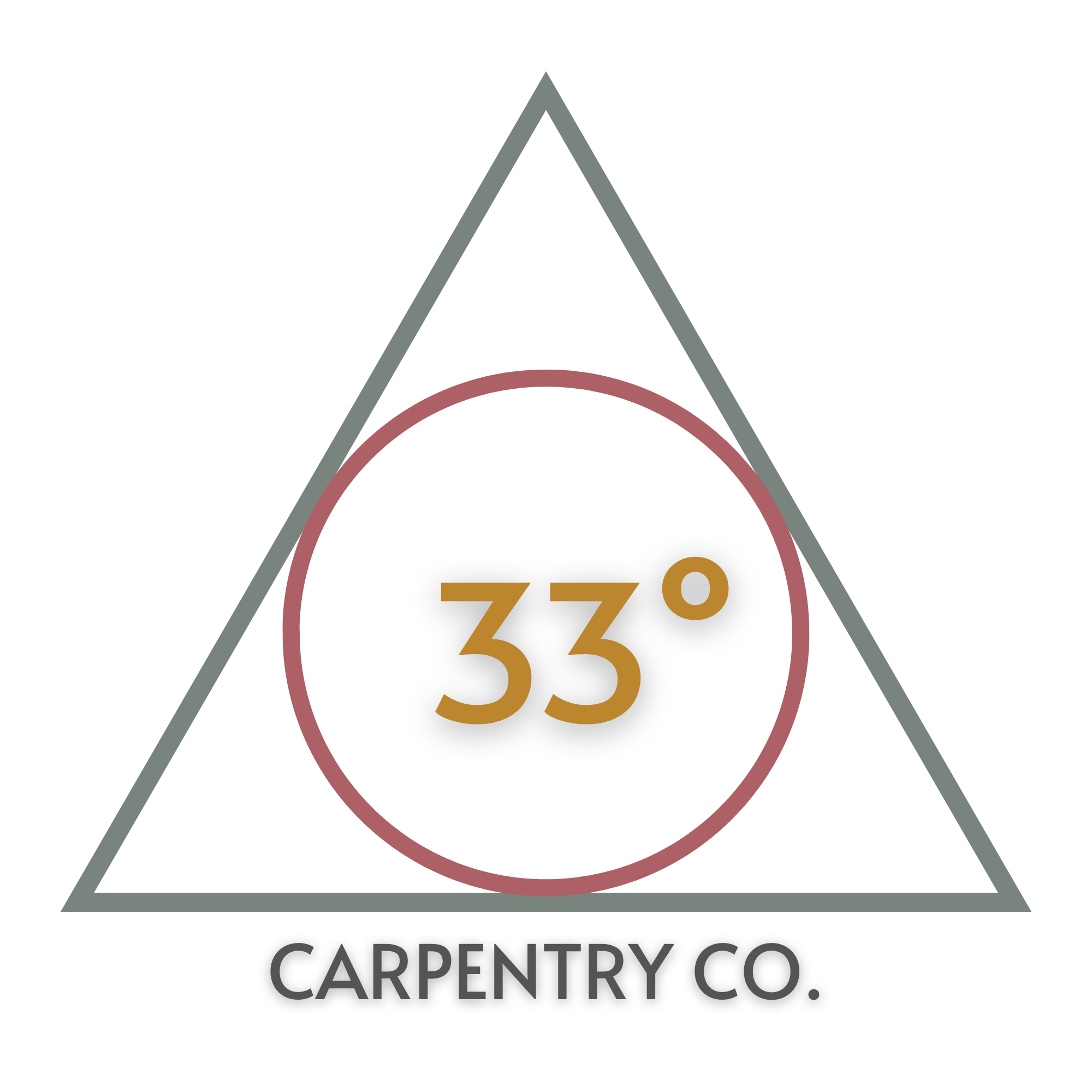 A logo graphic for 33 Degree Carpentry Co. The background features geometric shapes in black, gray, and muted red. The text at the bottom reads 'CARPENTRY CO.'