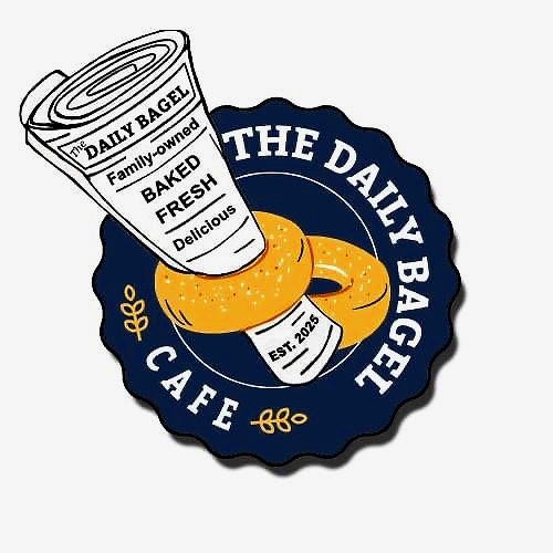 Logo for The Daily Bagel Cafe featuring a bagel with a paper label and a bagel ring, surrounded by a circular badge design.